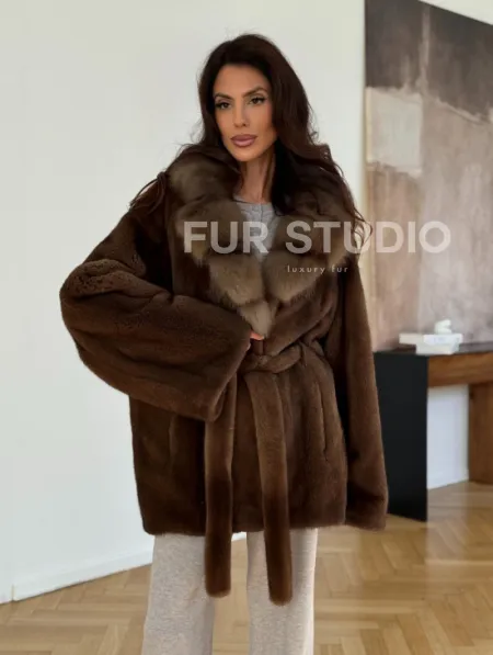 Норковый полушубок - цвет соболь - фото 8