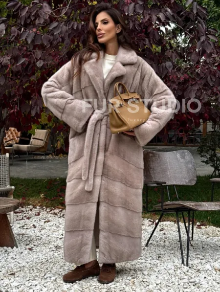 Длинная норковая шуба с поясом - фото 6