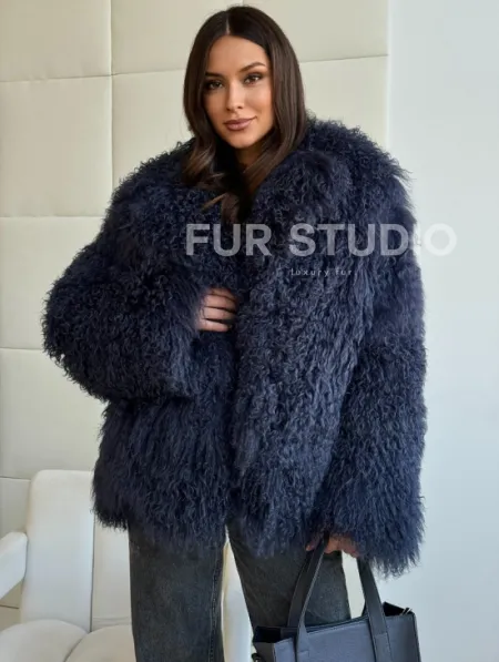 Шуба из ламы - цвет джинс - фото 0
