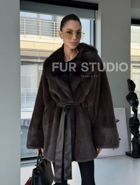 Норковое автоледи с воротником из куницы - фото 17