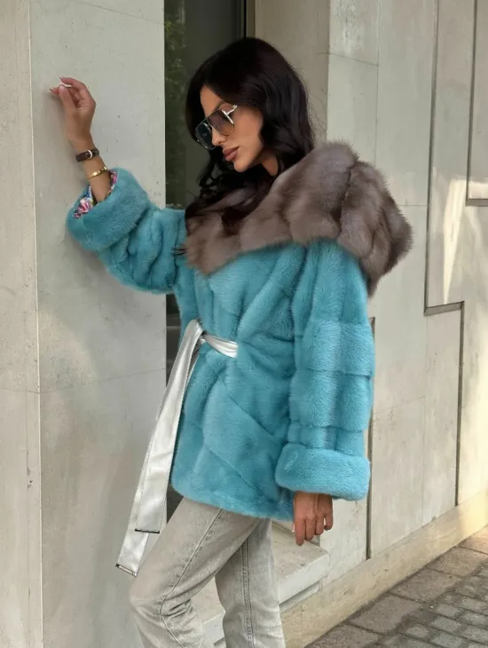 Шуба Autolady из норки с капюшоном из меха куницы - цвет тиффани - фото 10