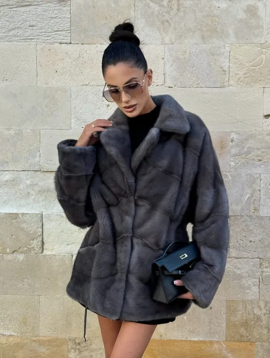 Короткая норковая шуба с английским воротником - цвет графит - фото 10