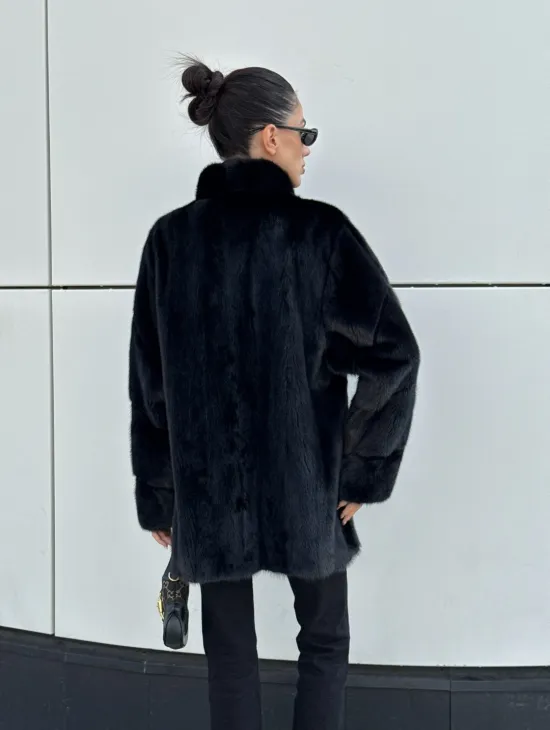 Норковая шуба полупальто из меха норки стойка воротник - фото 6