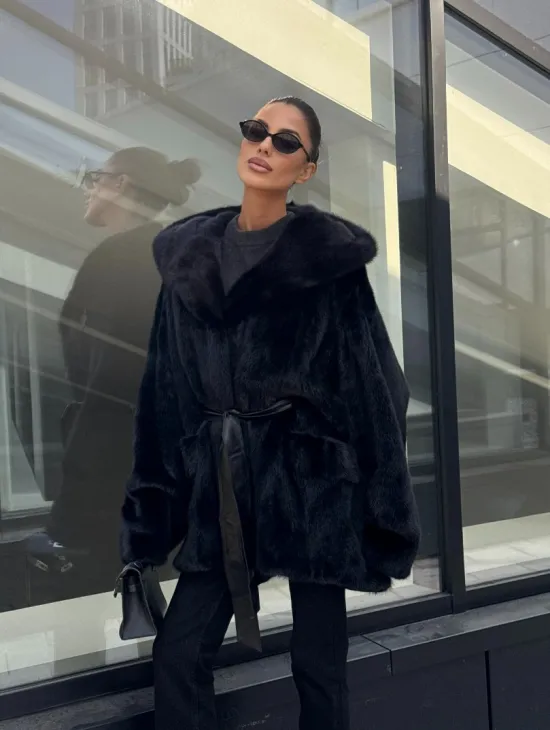 Шуба норковая натуральная с капюшоном кобра - накладные карманы - фото 7