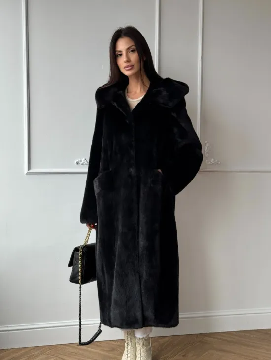 Натуральная черная женская шуба из меха норки Blackglama с капюшоном - фото 7