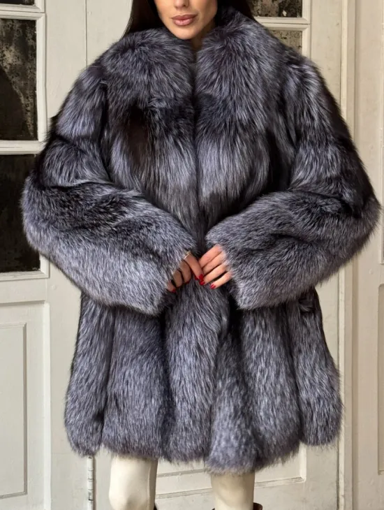 Натуральная шуба из меха чернобурки, воротник шаль - фото 1