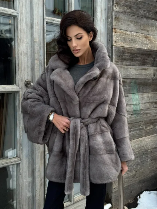 Норковая шуба в цвете графит с английским воротником - Летучая мышь - фото 8