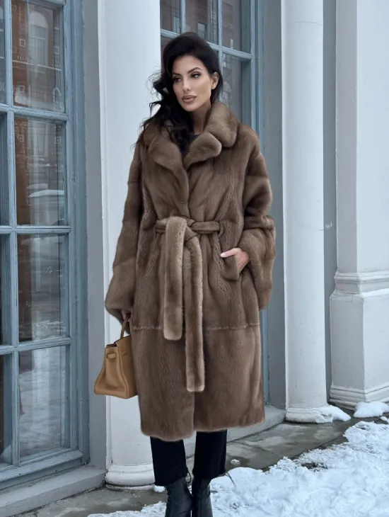 Плюшевая норковая шуба - кимоно с английским воротником - фото 10
