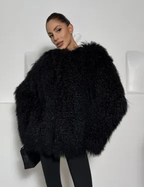 Черная шуба из меха ламы воротник шанель - фото 5