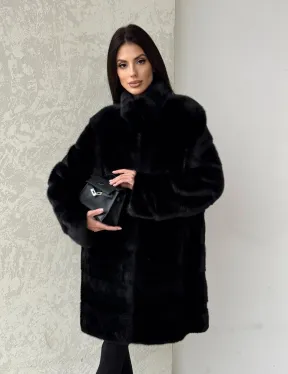 Норковая шуба в черном цвете воротник стойка - фото 9