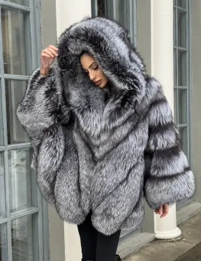 Шуба - пончо из чернобурки с капюшоном - фото 8