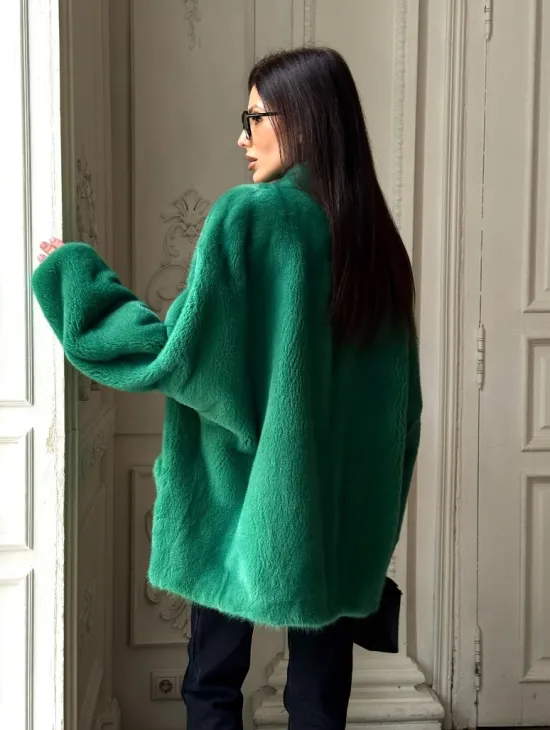 Изумрудный норковый полушубок с V-образным воротником - фото 8