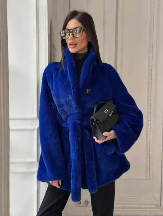 Полушубок из меха премиальной плюшевой норки Electric Blue - фото 7