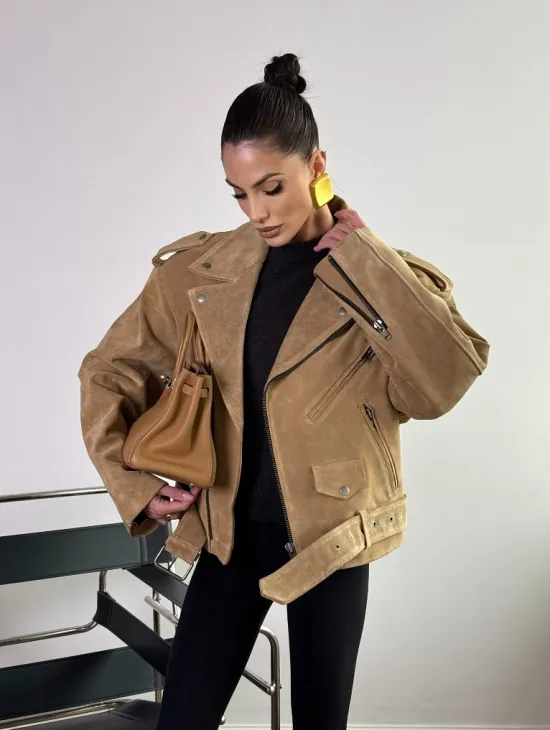 Косуха «Прямой Оверсайз» из мягкой кожи (замши) Camel - фото 6