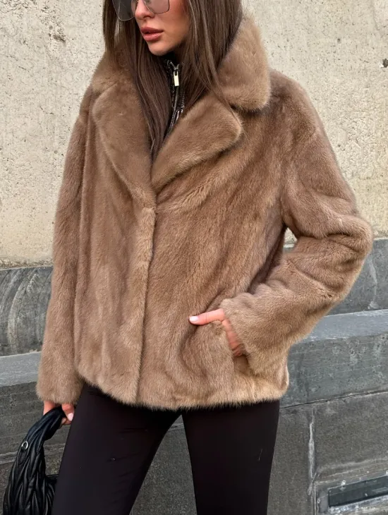 Короткий норковый жакет с английским воротником цвет пастель - фото 1