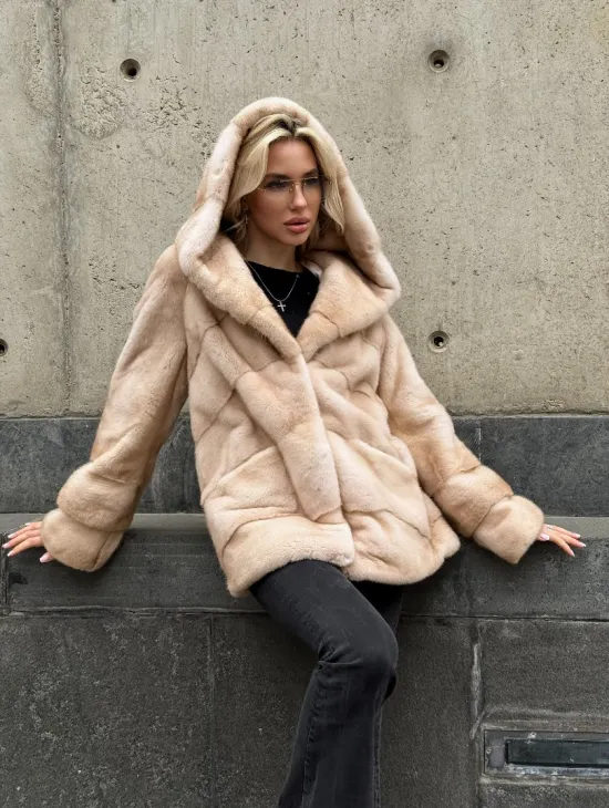 Женский норковый полушубок Premium fur с капюшоном 