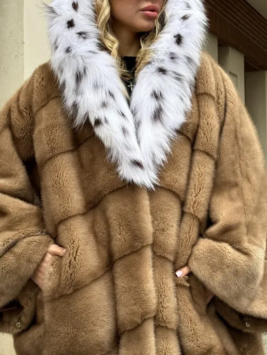 Норковая шуба больших размеров в стиле Бохо с капюшоном под рысь - фото 1