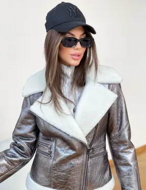 Дубленка овчина короткая - серебро - фото 1