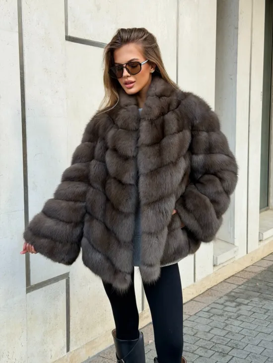 Шуба из куницы в цвете соболь - рукава косичкой - фото 10