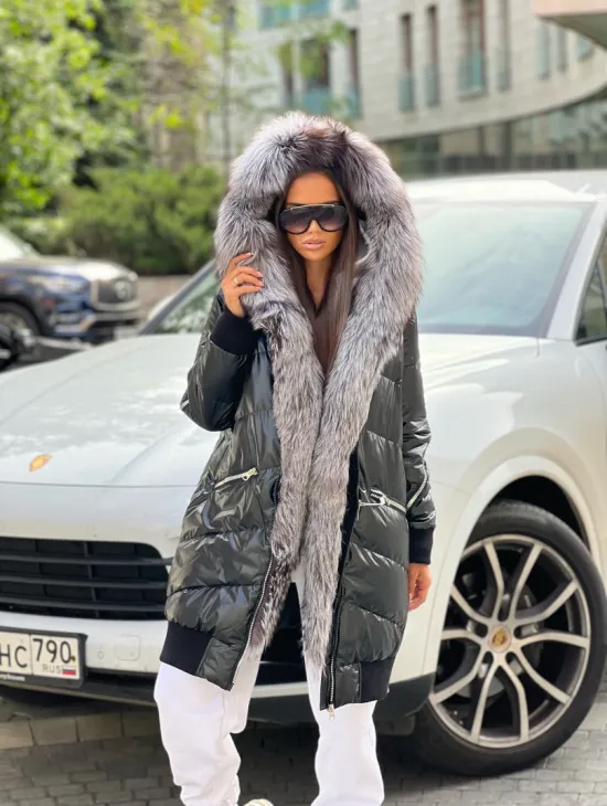 Пуховое пальто с меховым капюшоном из чернобурой лисы - фото 5