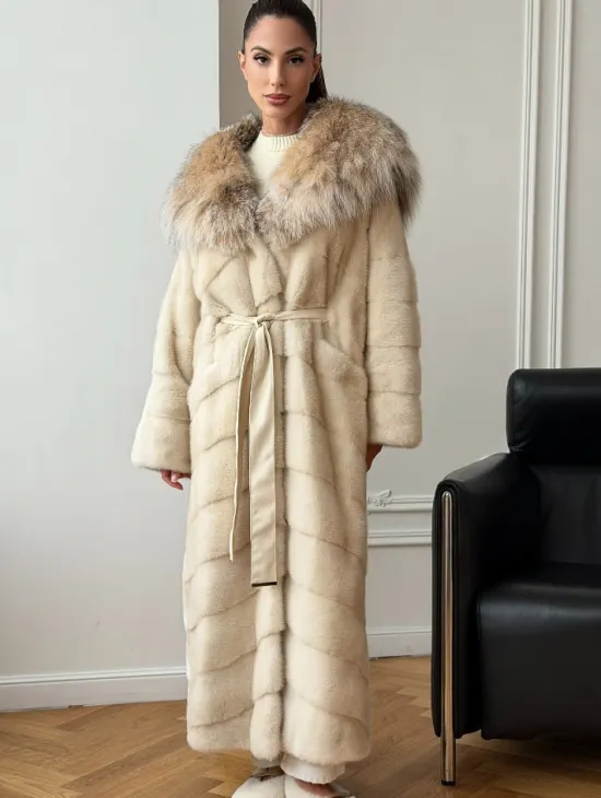 Длинная норковая шуба - капюшон из меха рыси - фото 5