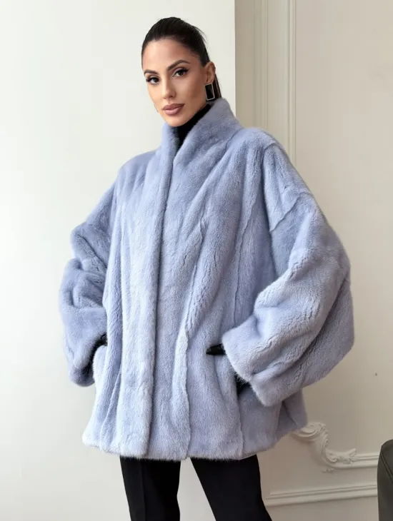 Голубой норковый полушубок - летучая мышь - фото 10