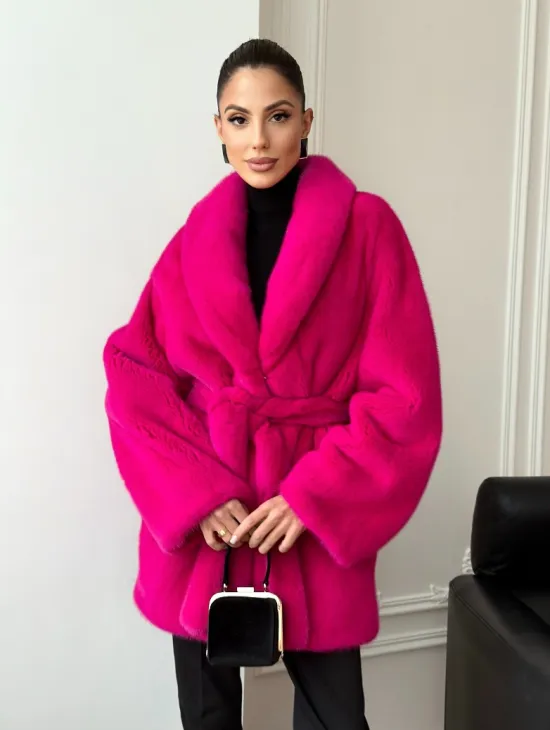 Шуба из плюшевой норки Velvet - фуксия - фото 0
