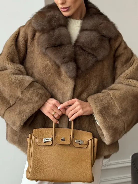 Норковый полушубок с воротником куницы 70 см - фото 2