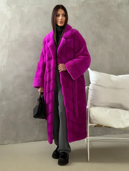 Длинная норковая шуба - цвет фуксия - фото 9