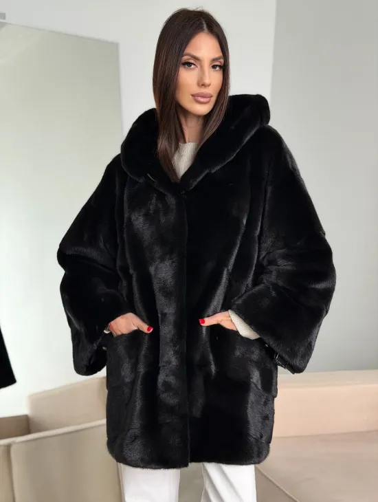 Норка шуба BLACKGLAMA паркет кимоно с капюшоном - фото 0