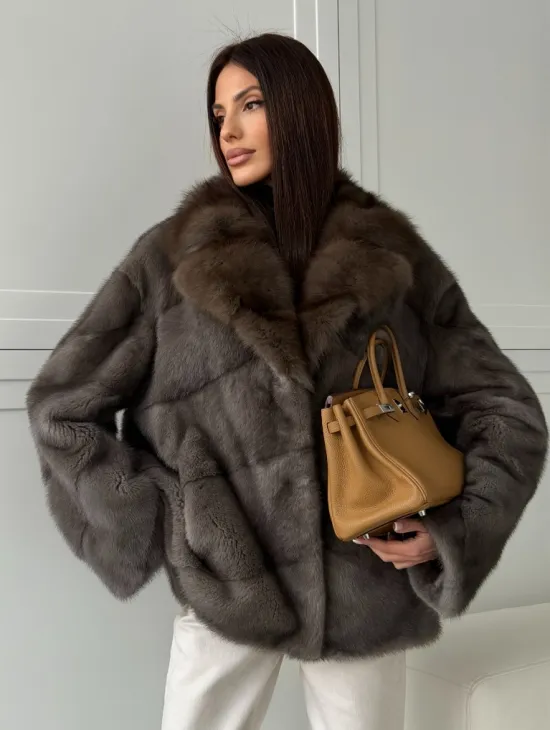 Шуба норковая автоледи - воротник куница (серый) - фото 7