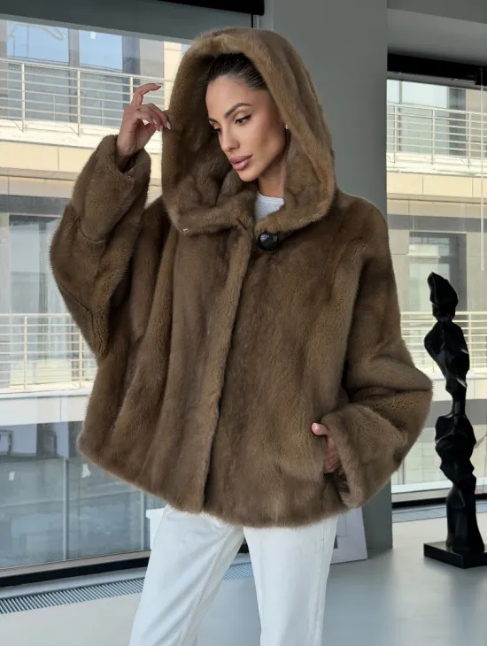 Женский норковый полушубок с капюшоном - фото 7