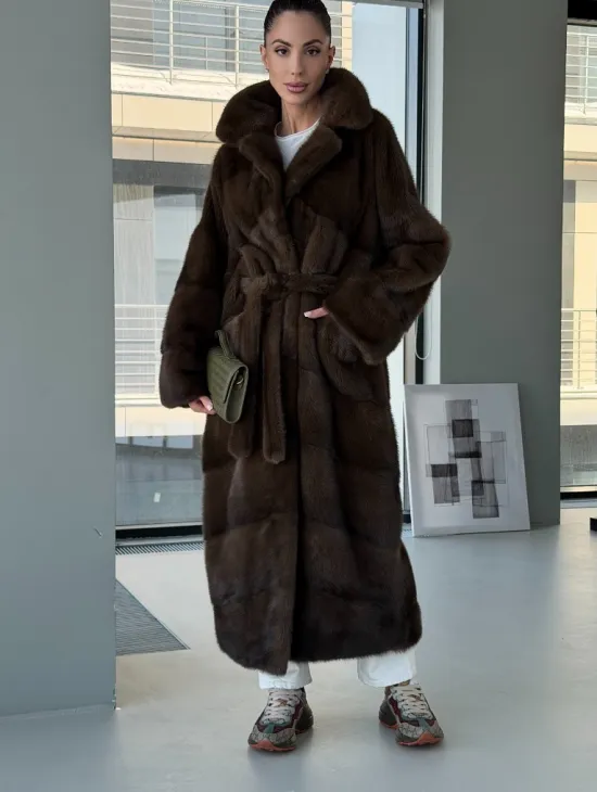 Коричневая норковая шуба - кимоно - фото 4