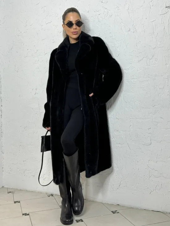 Шуба из плюшевой норки с английским воротником - цвет инфинити - фото 6