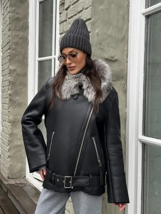 Дубленка из натуральной овчины с воротником чернобурой лисы - фото 6