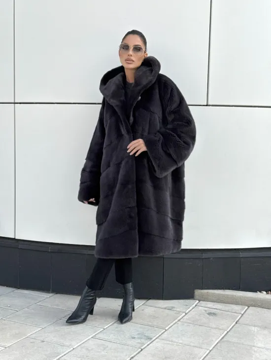 Норковая шуба паркет с капюшоном - цвет блю ирис - фото 9