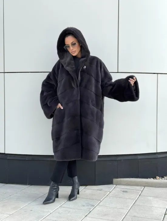 Норковая шуба паркет с капюшоном - цвет блю ирис - фото 10