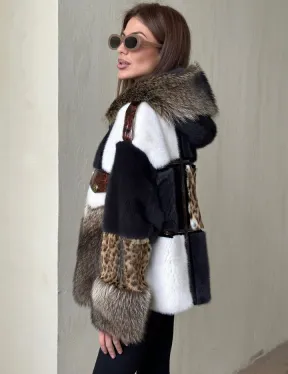 Комбинированная норковая куртка с капюшоном - фото 3