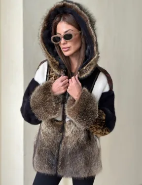 Комбинированная норковая куртка с капюшоном - фото 2