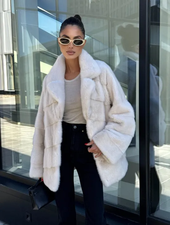 Короткая норковая шуба с английским воротником - цвет ваниль - фото 6