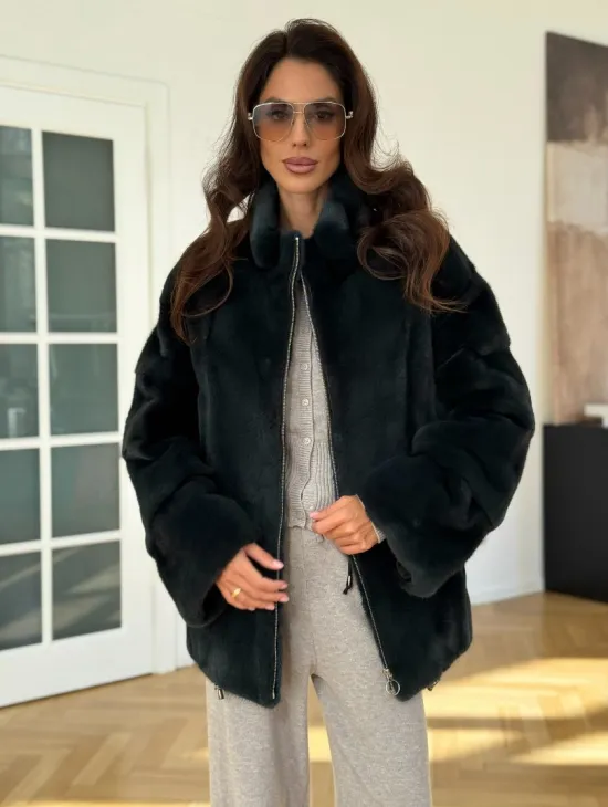 Бомбер из плюшевой норки NAFA - цвет темный изумруд - фото 4