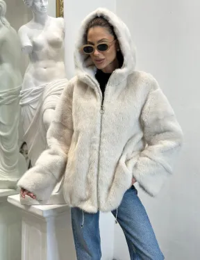Норковая куртка с капюшоном - цвет ваниль - фото 1
