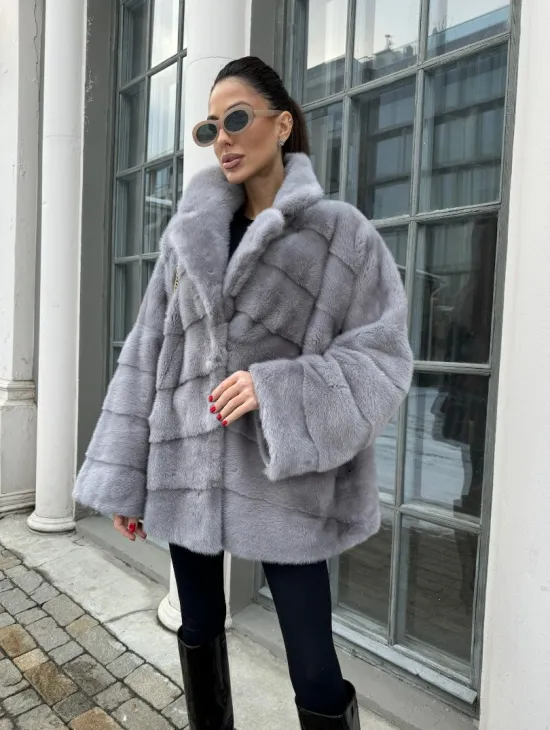 Норковый полушубок паркет английский воротник - цвет серый сапфир - фото 1