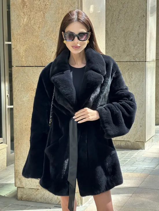 Шуба из плюшевой норки NAFA, роспуск - цвет черный изумруд - фото 1